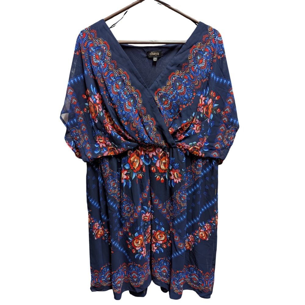 Chaya Floral Medallion Dress Womens 20W Navy Blue Excellent Boho Faux Wrap